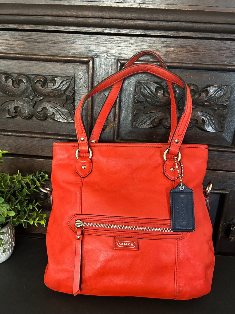 Coach Orange-Red Leather Shoulder Tote with Front Zip Pocket